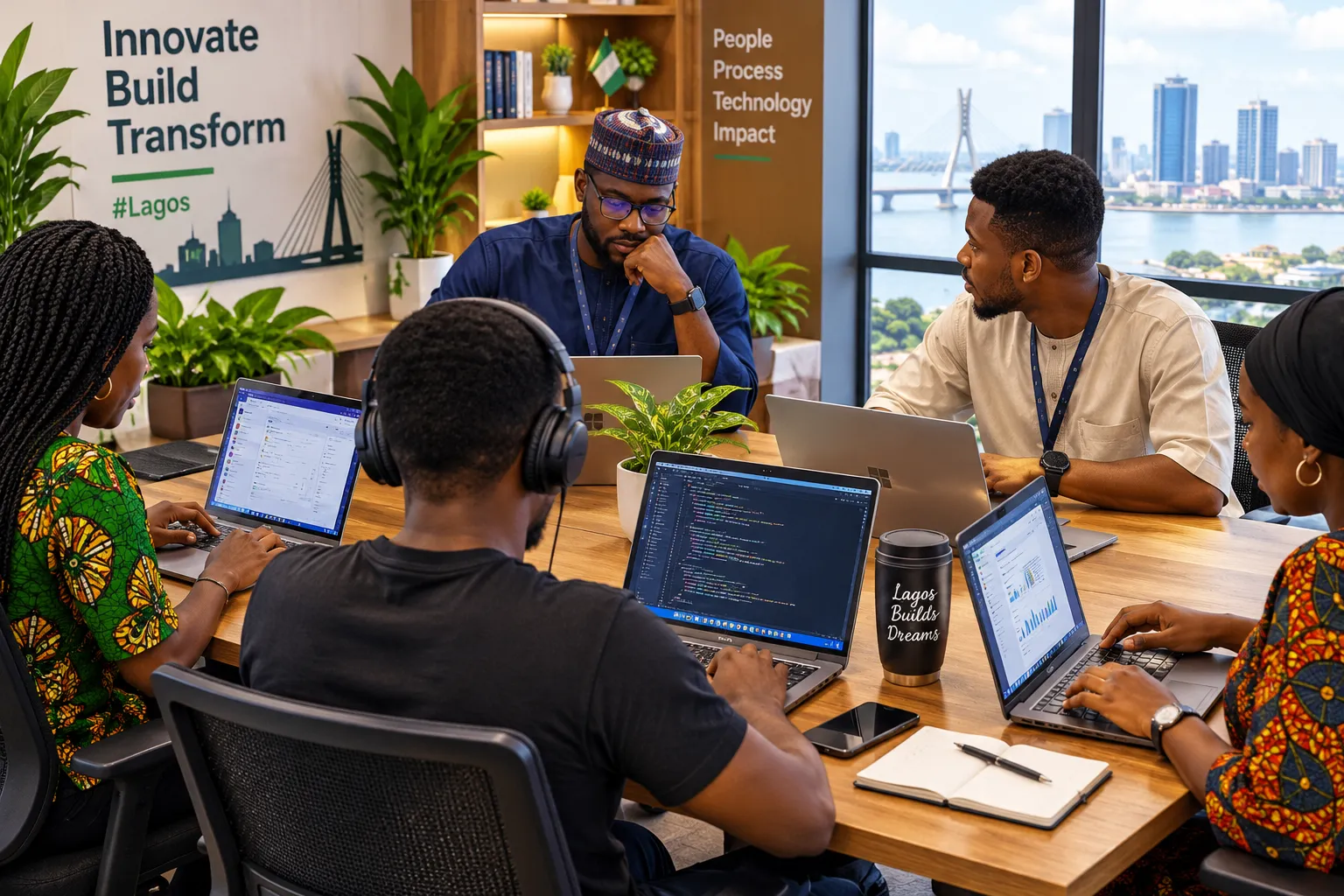 Young professionals collaborating around laptops
