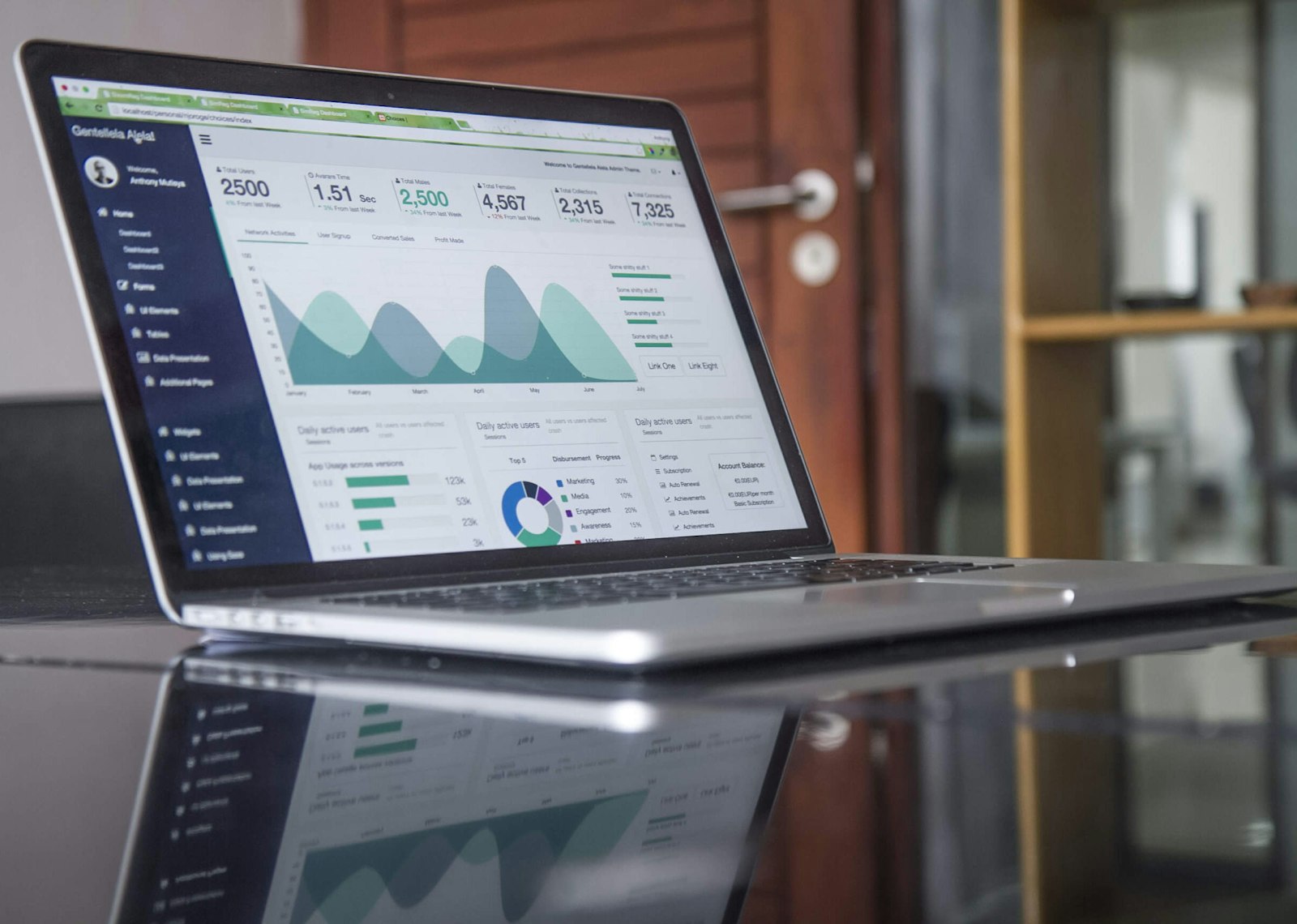 Laptop on a glass table displaying website analytics charts